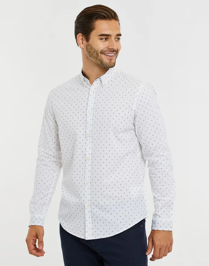 Men White Geometric Print Long Sleeve Shirt White Threadbare Shirts