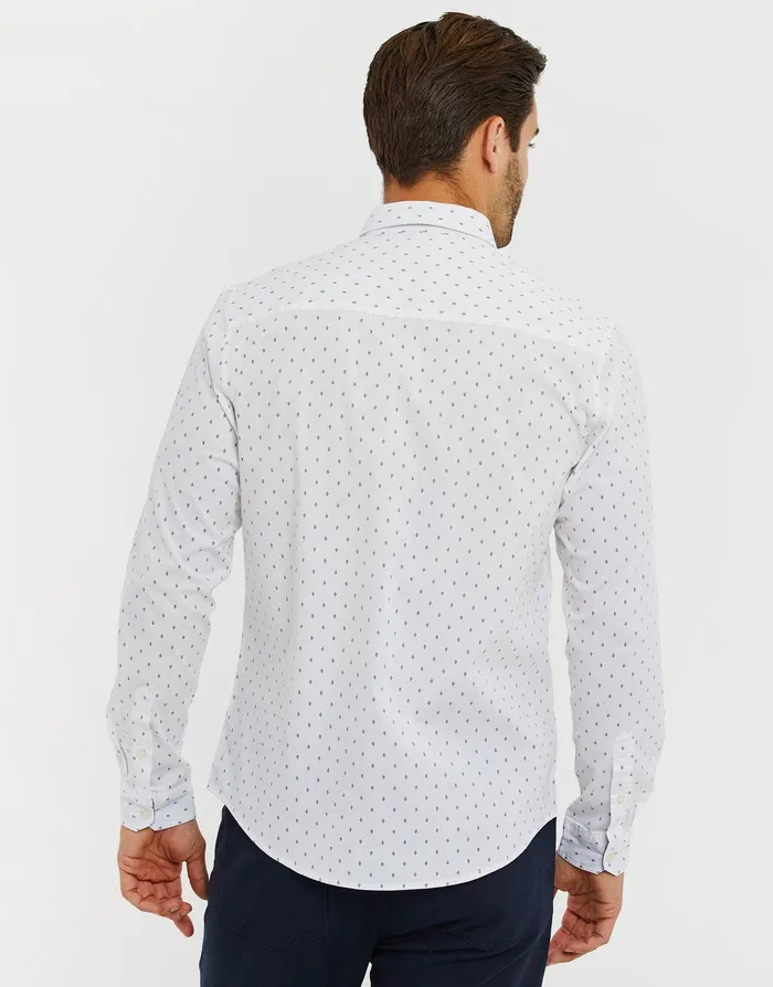 Men White Geometric Print Long Sleeve Shirt White Threadbare Shirts Men White Geometric Print Long Sleeve Shirt White Threadbare Shirts