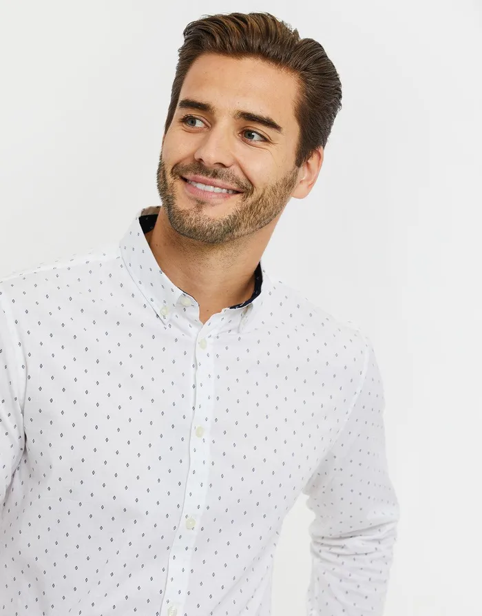 Men White Geometric Print Long Sleeve Shirt White Threadbare Shirts Men White Geometric Print Long Sleeve Shirt White Threadbare Shirts