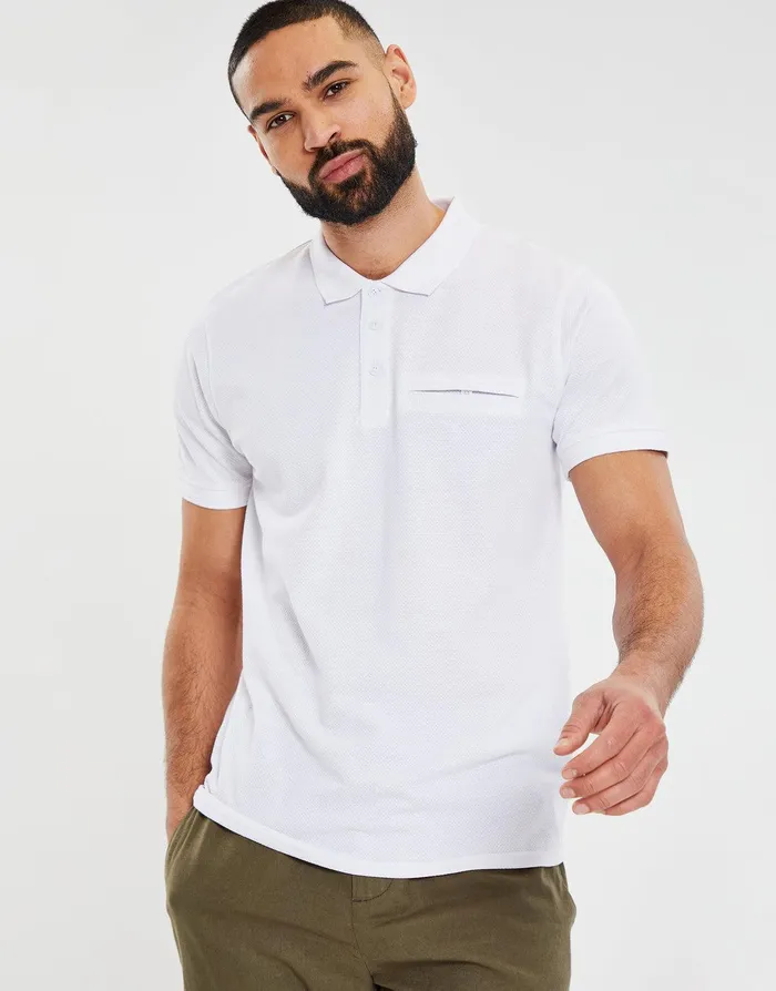 Men White Honeycomb Rib Jetted Pocket Polo Shirt White Threadbare Polo Shirts