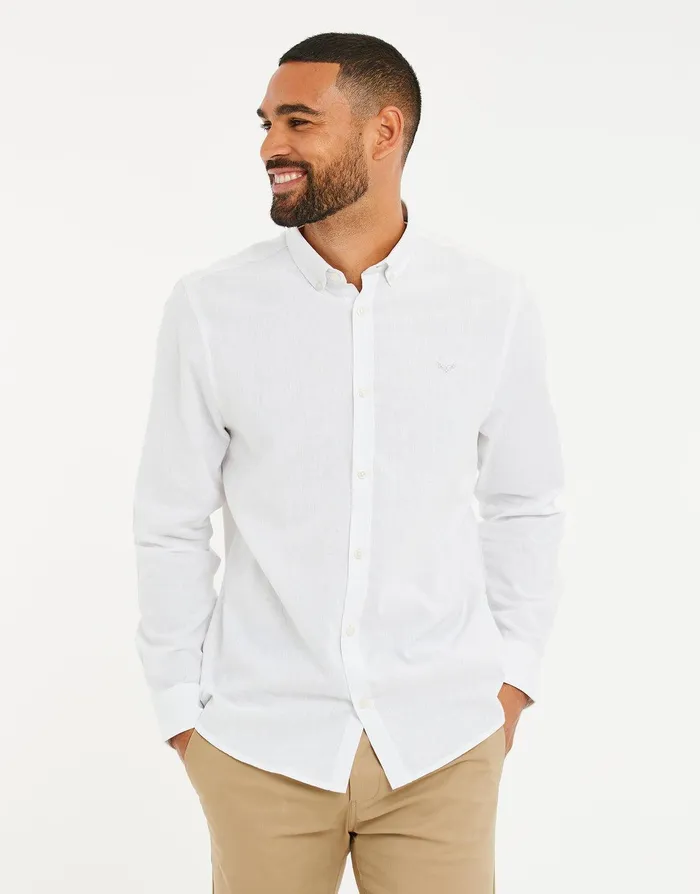Men White Long Sleeve Linen Blend Shirt White Threadbare Linen