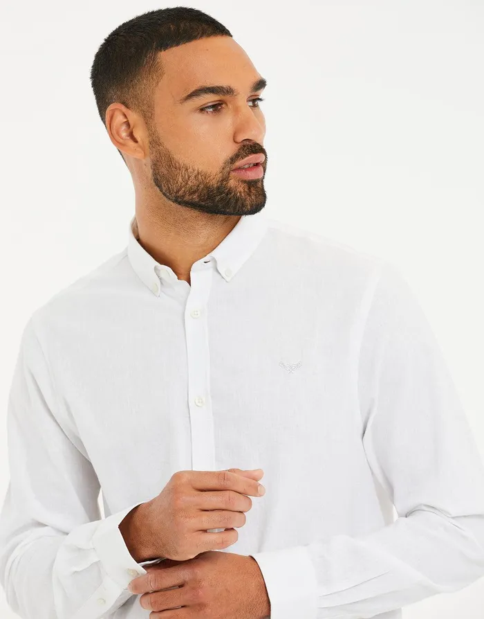 Men White Long Sleeve Linen Blend Shirt White Threadbare Linen Men White Long Sleeve Linen Blend Shirt White Threadbare Linen