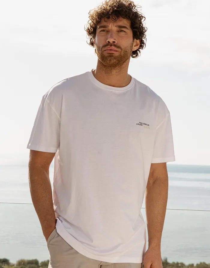 Men White Wanderlust Graphic Oversized TShirt White Threadbare TShirts