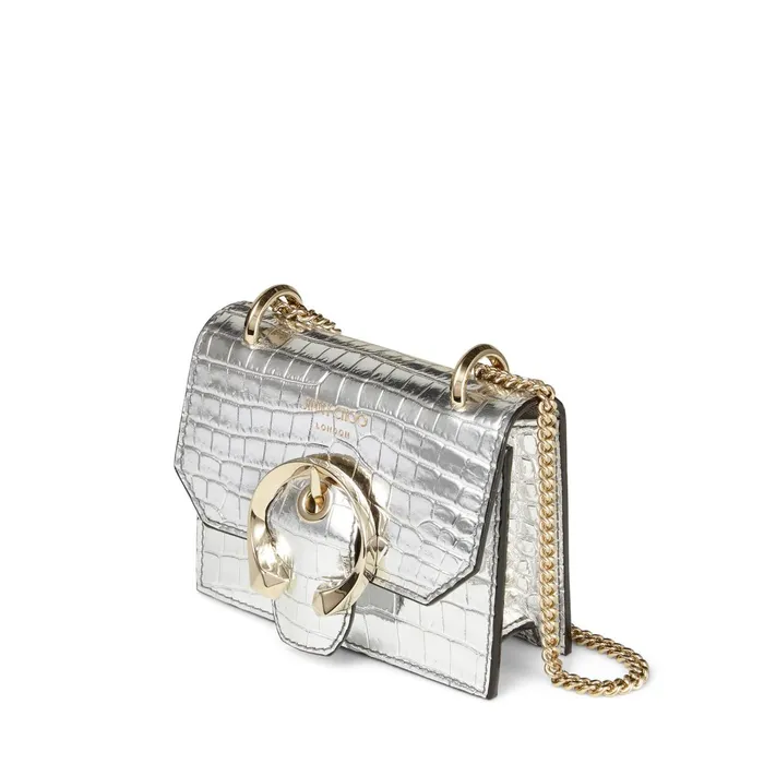 Mini Paris Silver Metallic CrocEmbossed Leather Super Mini Bag With Metal Buckle Silver Women JIMMY CHOO Small Leather Goods