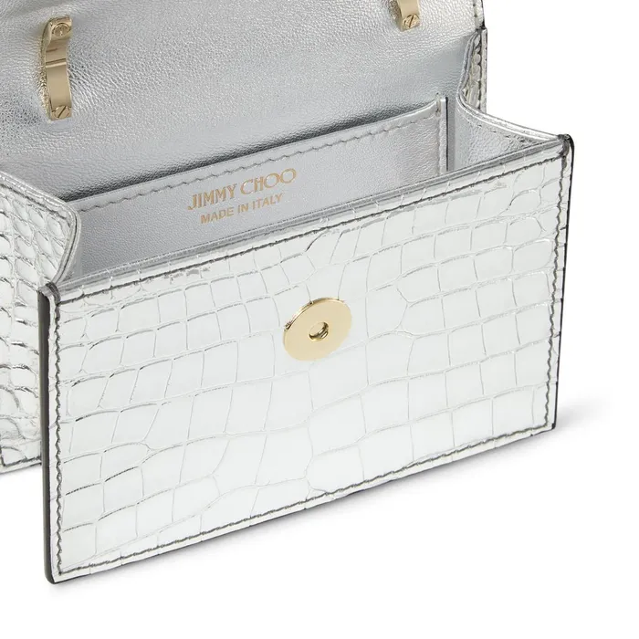 Mini Paris Silver Metallic CrocEmbossed Leather Super Mini Bag With Metal Buckle Silver Women JIMMY CHOO Small Leather Goods