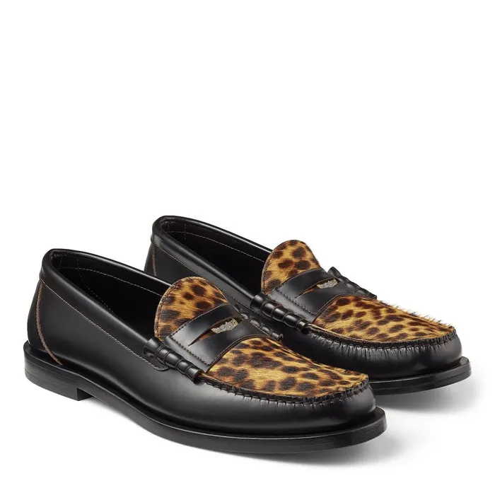 Mocca Multicolour Soft Shiny Calf Leather And Leopard Print Pony Loafers Blacksugar Mix Men JIMMY CHOO Dress Shoes
