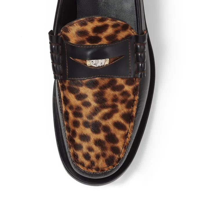 Mocca Multicolour Soft Shiny Calf Leather And Leopard Print Pony Loafers Blacksugar Mix Men JIMMY CHOO Dress Shoes