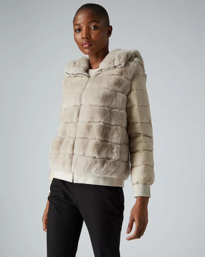 NPeal Coats and Jackets Women Detachable Sleeve Hooded Rex Jacket In Snow Grey