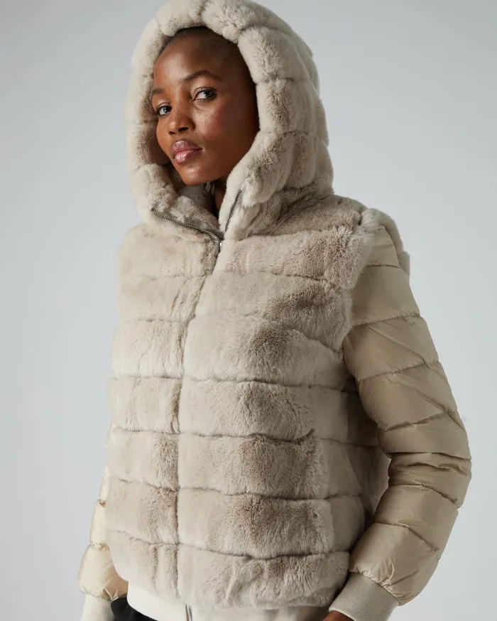 NPeal Coats and Jackets Women Detachable Sleeve Hooded Rex Jacket In Snow Grey