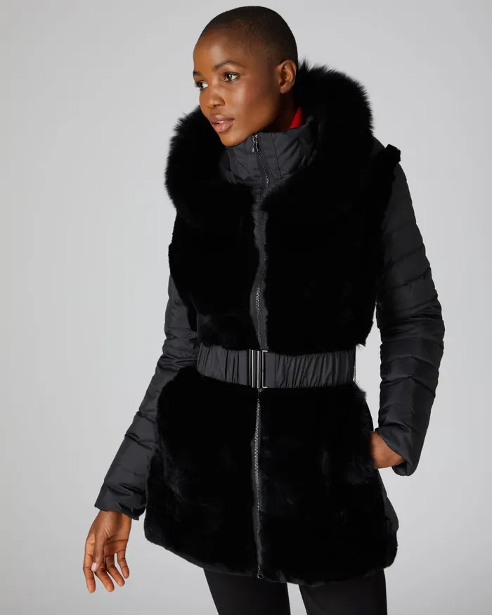 NPeal Coats and Jackets Women Fur Panel Hooded Down Coat In Black
