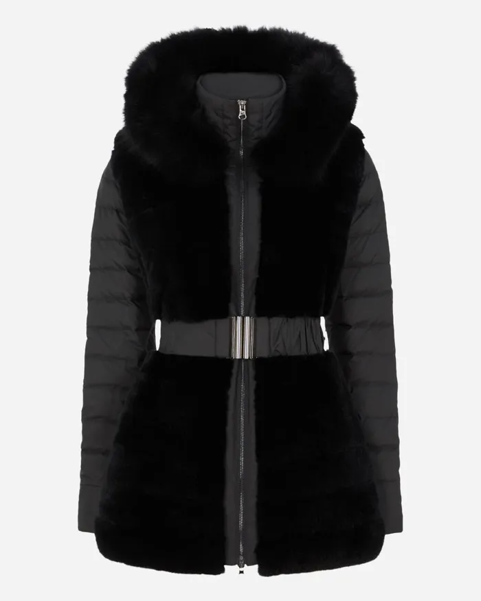 NPeal Coats and Jackets Women Fur Panel Hooded Down Coat In Black