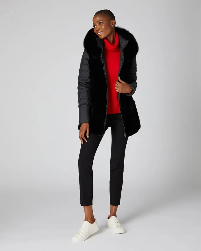 NPeal Coats and Jackets Women Fur Panel Hooded Down Coat In Black