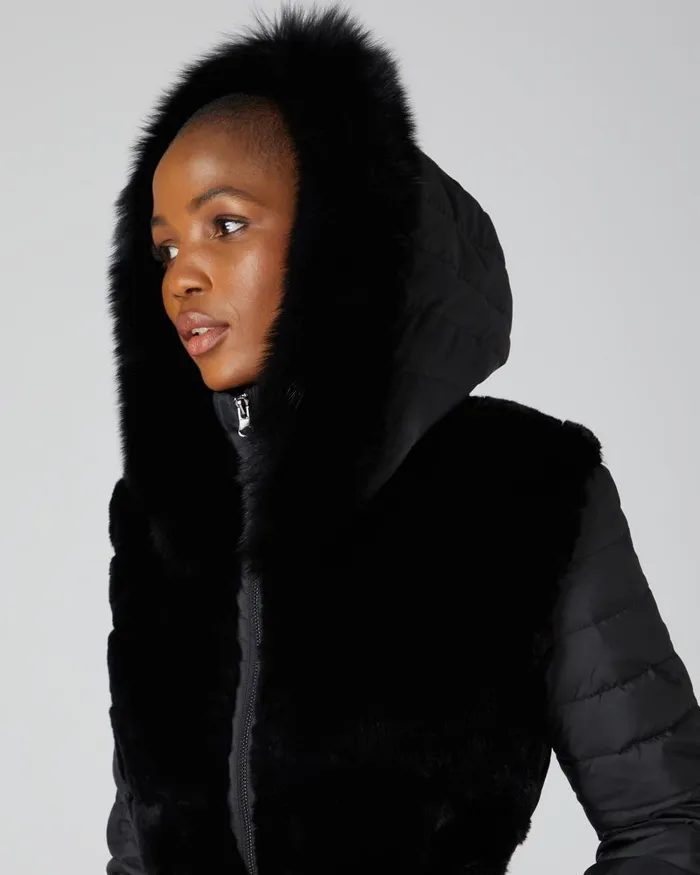 NPeal Coats and Jackets Women Fur Panel Hooded Down Coat In Black