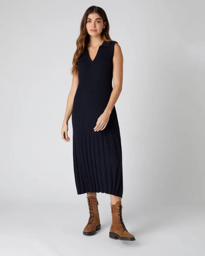 NPeal Dresses and Skirts Women Collared Rib Cashmere Dress In Navy Blue