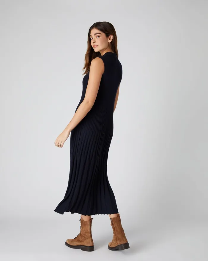 NPeal Dresses and Skirts Women Collared Rib Cashmere Dress In Navy Blue