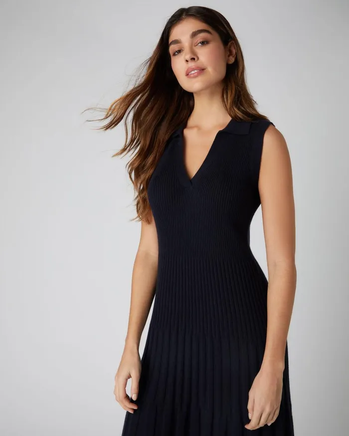 NPeal Dresses and Skirts Women Collared Rib Cashmere Dress In Navy Blue