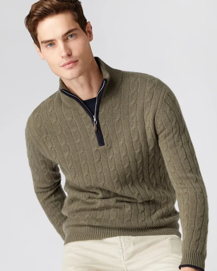 NPeal Half and Full Zip Knitwear Men Cable Half Zip Cashmere Jumper In Khaki Green NPeal Half and Full Zip Knitwear Men Cable Half Zip Cashmere Jumper In Khaki Green