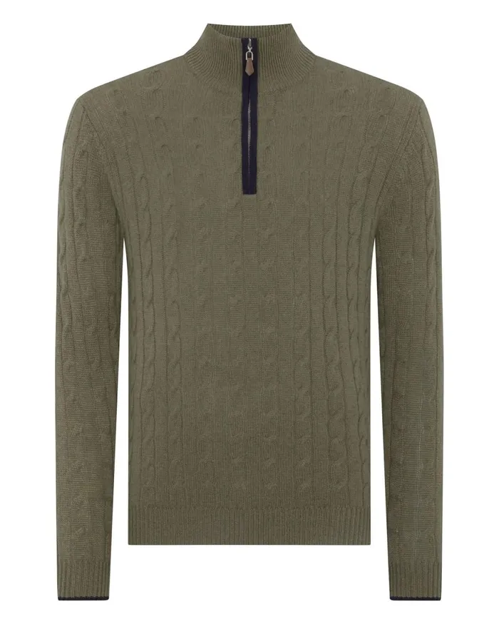 NPeal Half and Full Zip Knitwear Men Cable Half Zip Cashmere Jumper In Khaki Green