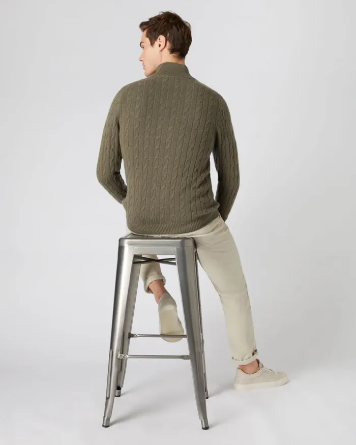 NPeal Half and Full Zip Knitwear Men Cable Half Zip Cashmere Jumper In Khaki Green