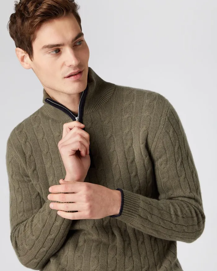 NPeal Half and Full Zip Knitwear Men Cable Half Zip Cashmere Jumper In Khaki Green
