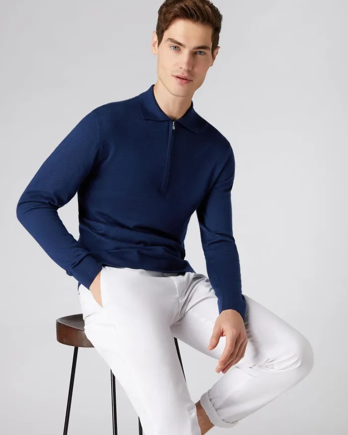 NPeal Half and Full Zip Knitwear Men Fine Gauge Cashmere Half Zip Shirt In French Blue NPeal Half and Full Zip Knitwear Men Fine Gauge Cashmere Half Zip Shirt In French Blue