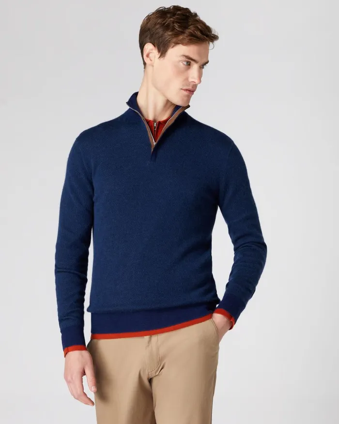 NPeal Half and Full Zip Knitwear Men Fine Gauge Cashmere Pattern Half Zip Jumper In French Blue Lapis Blue NPeal Half and Full Zip Knitwear Men Fine Gauge Cashmere Pattern Half Zip Jumper In French Blue Lapis Blue