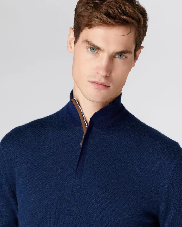NPeal Half and Full Zip Knitwear Men Fine Gauge Cashmere Pattern Half Zip Jumper In French Blue Lapis Blue
