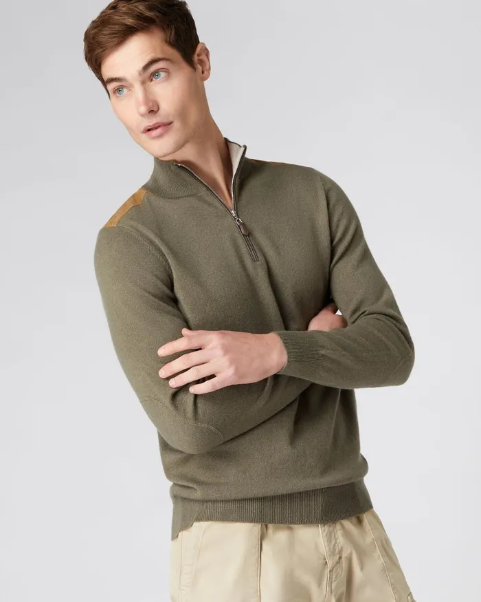 NPeal Half and Full Zip Knitwear Men Patch Detail Half Zip Cashmere Jumper In Khaki Green NPeal Half and Full Zip Knitwear Men Patch Detail Half Zip Cashmere Jumper In Khaki Green