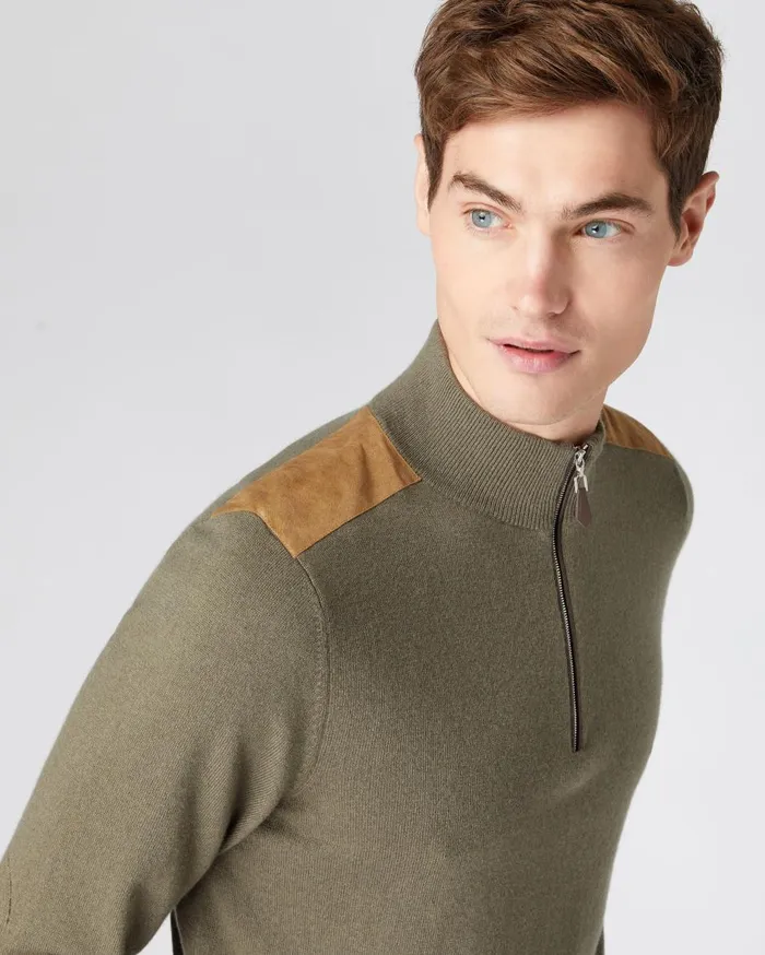 NPeal Half and Full Zip Knitwear Men Patch Detail Half Zip Cashmere Jumper In Khaki Green