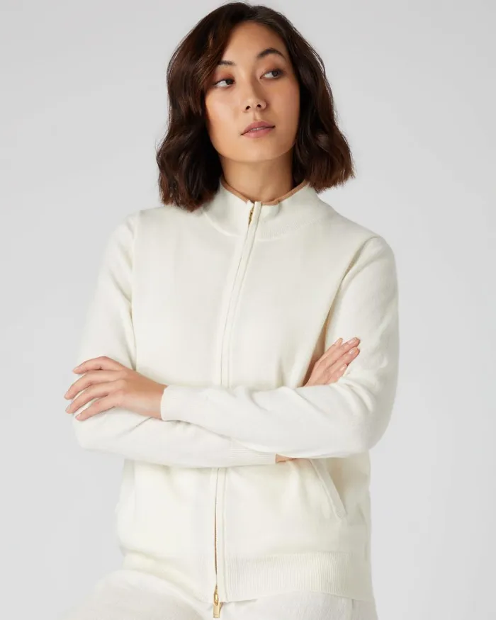 NPeal Half and Full Zip Knitwear Women Funnel Neck Zip Cashmere Cardigan In New Ivory White