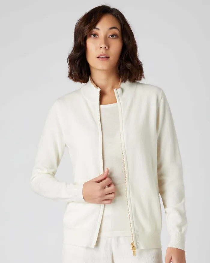 NPeal Half and Full Zip Knitwear Women Funnel Neck Zip Cashmere Cardigan In New Ivory White
