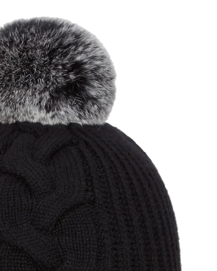 NPeal Hats Women Fur Bobble Cable Hat In Black