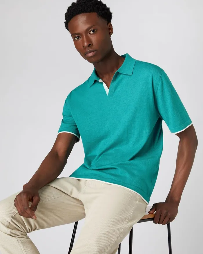 NPeal Polos and TShirts Men Contrast Cotton Cashmere Polo T Shirt In Viridian Green NPeal Polos and TShirts Men Contrast Cotton Cashmere Polo T Shirt In Viridian Green
