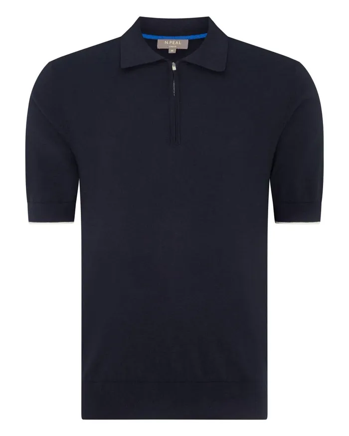 NPeal Polos and TShirts Men Half Zip Cotton Cashmere Polo T Shirt In Navy Blue