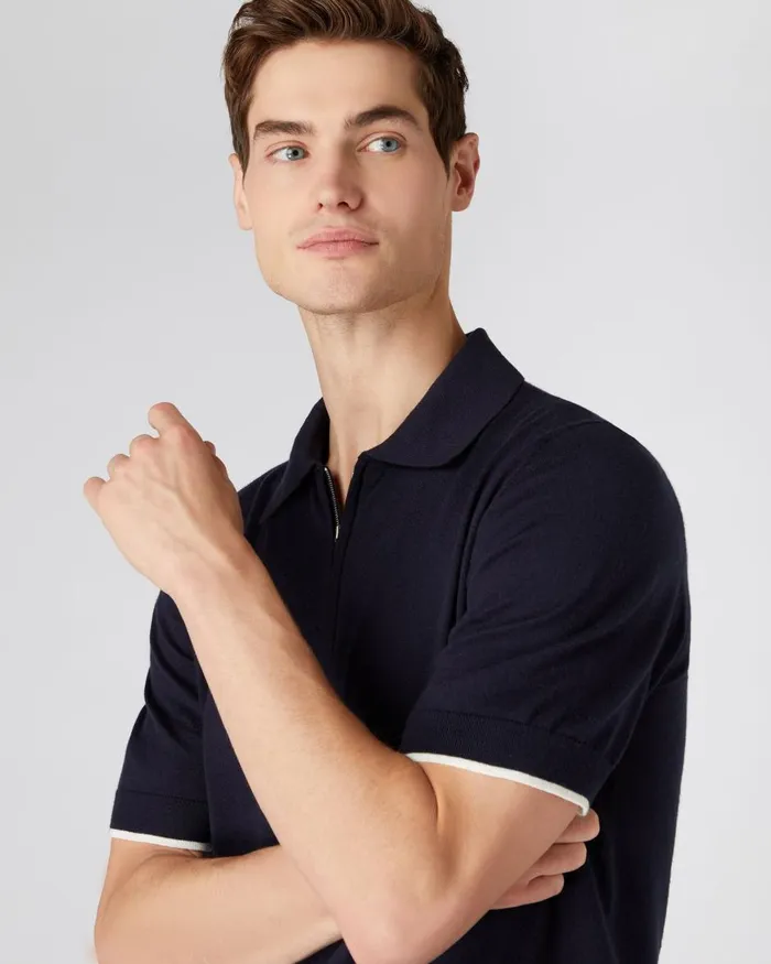 NPeal Polos and TShirts Men Half Zip Cotton Cashmere Polo T Shirt In Navy Blue