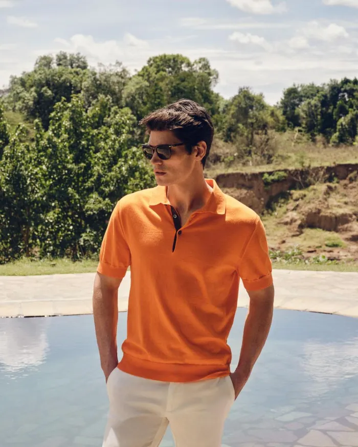 NPeal Polos and TShirts Men Short Sleeve Cotton Cashmere Polo T Shirt In Tangerine Orange