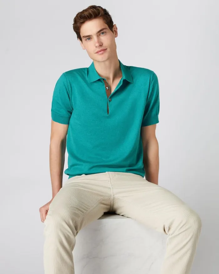 NPeal Polos and TShirts Men Short Sleeve Cotton Cashmere Polo T Shirt In Viridian Green NPeal Polos and TShirts Men Short Sleeve Cotton Cashmere Polo T Shirt In Viridian Green