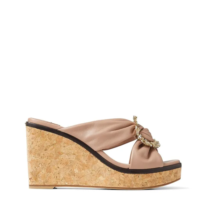 Nevara 90 Ballet Pink Nappa Leather Wedge Sandals With Crystal Buckle Ballet Pink Women JIMMY CHOO Wedges Nevara 90 Ballet Pink Nappa Leather Wedge Sandals With Crystal Buckle Ballet Pink Women JIMMY CHOO Wedges