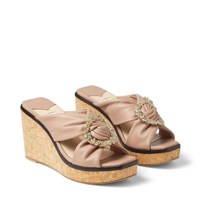 Nevara 90 Ballet Pink Nappa Leather Wedge Sandals With Crystal Buckle Ballet Pink Women JIMMY CHOO Wedges
