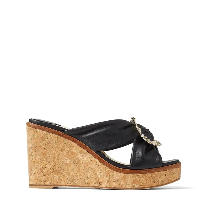 Nevara 90 Black Nappa Leather Wedge Sandals With Crystal Buckle Black Women JIMMY CHOO Wedges Nevara 90 Black Nappa Leather Wedge Sandals With Crystal Buckle Black Women JIMMY CHOO Wedges