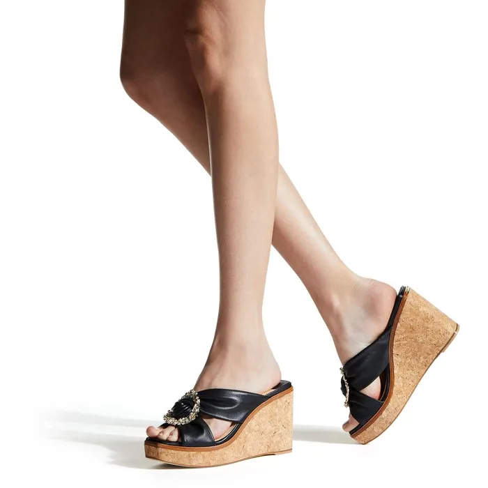 Nevara 90 Black Nappa Leather Wedge Sandals With Crystal Buckle Black Women JIMMY CHOO Wedges