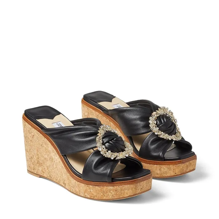 Nevara 90 Black Nappa Leather Wedge Sandals With Crystal Buckle Black Women JIMMY CHOO Wedges
