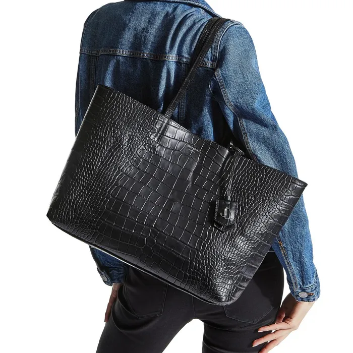 Nine2Five EW Black Croc Embossed Leather Tote Handbag With Jc Emblem Black Women JIMMY CHOO Totes and Hobo Bags