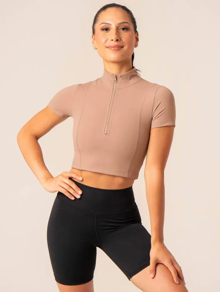 NKD Half Zip Fitted TShirt 8211 Taupe Women Ryderwear Tops