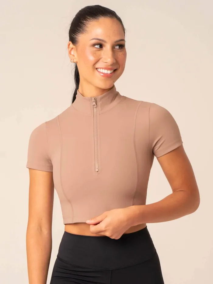NKD Half Zip Fitted TShirt 8211 Taupe Women Ryderwear Tops