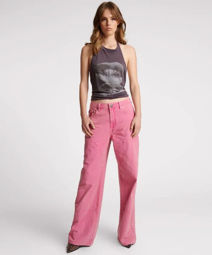 One Teaspoon Bottoms Women Pink Flambe Canvas Jackson Mid Waist Wide Leg Pant One Teaspoon Bottoms Women Pink Flambe Canvas Jackson Mid Waist Wide Leg Pant