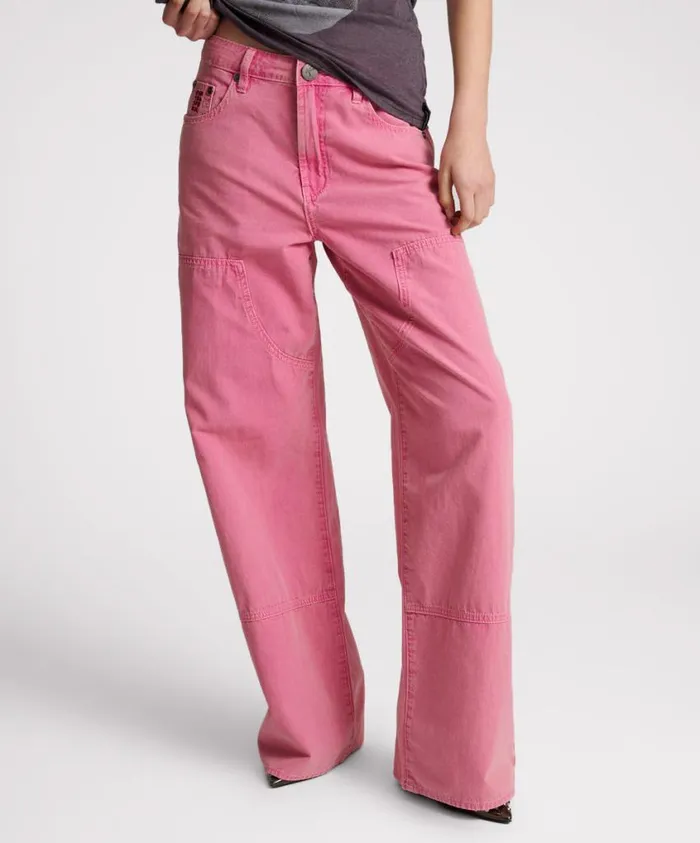 One Teaspoon Bottoms Women Pink Flambe Canvas Jackson Mid Waist Wide Leg Pant
