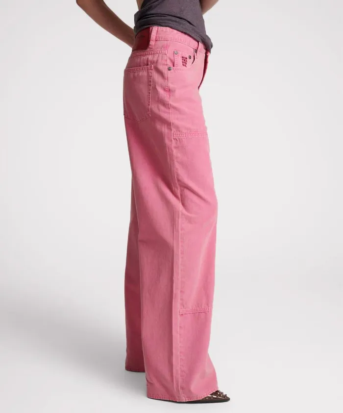 One Teaspoon Bottoms Women Pink Flambe Canvas Jackson Mid Waist Wide Leg Pant