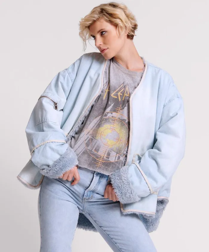 One Teaspoon Denim Jackets Women Blue Space Teddy Throw Over Denim Jacket