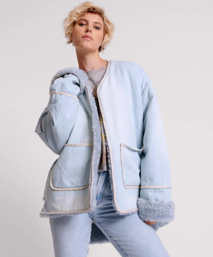 One Teaspoon Denim Jackets Women Blue Space Teddy Throw Over Denim Jacket